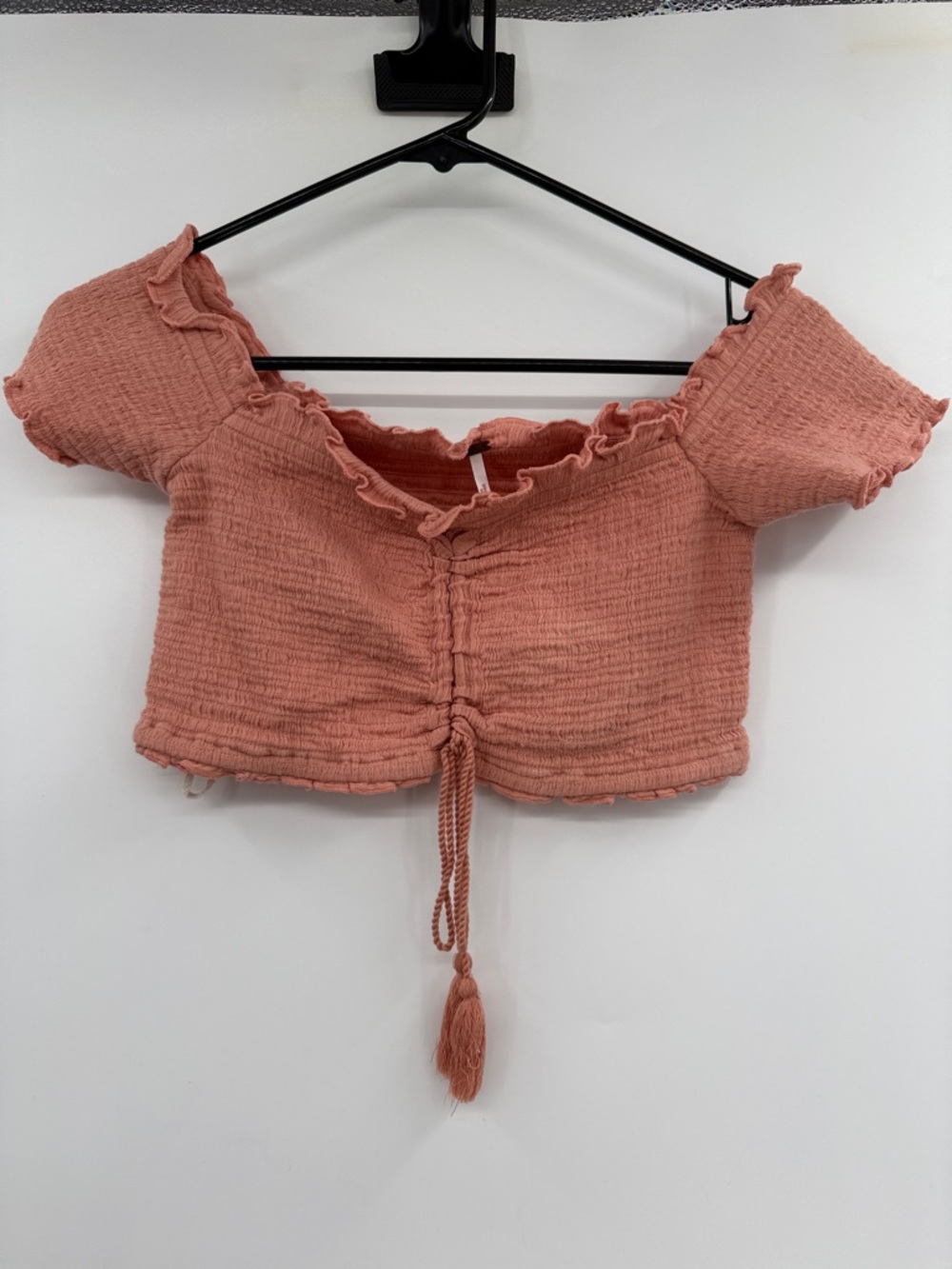 Free People Ruched Tassel Off-Shoulder Crop Top - Rose Clay Size M Boho Regency